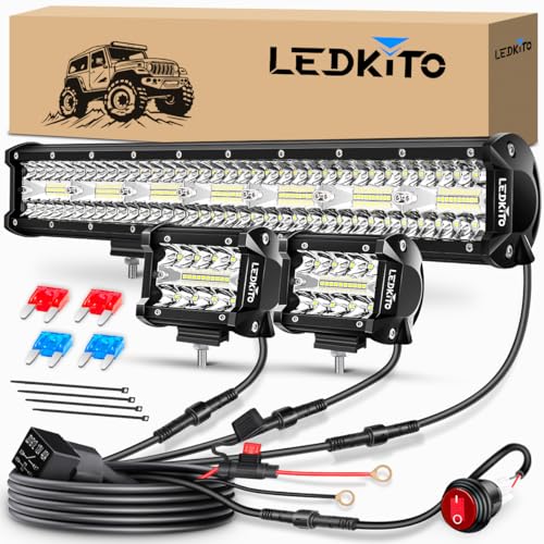 LEDKITO 20In LED Light Bar and 2PCS 4In Led Cube Pod Lights Off Road Driving Lights Spot Flood Combo Beam Triple Row with 16AWG Wiring Harness Kit for Je-ep Truck Tractor SUV UTV ATV Pickup Boat - Image 1