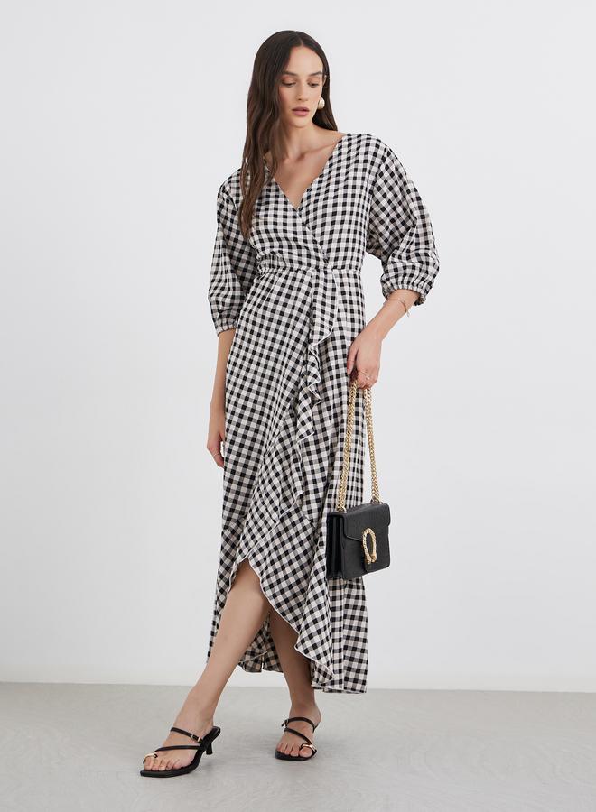 Styli Gingham Check Print Frilled Hem Maxi Dress - Image 1