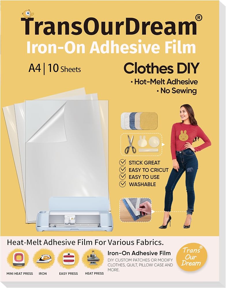 TransOurDream Iron on Double Sided Adhesive Sheets (10 Sheets, A4),Heat Adhesive,Press-on Patch Heat Melt Fabric Glue Sheet, Easy to Cut, Great Stickiness(SA-AIF-10) - Image 1