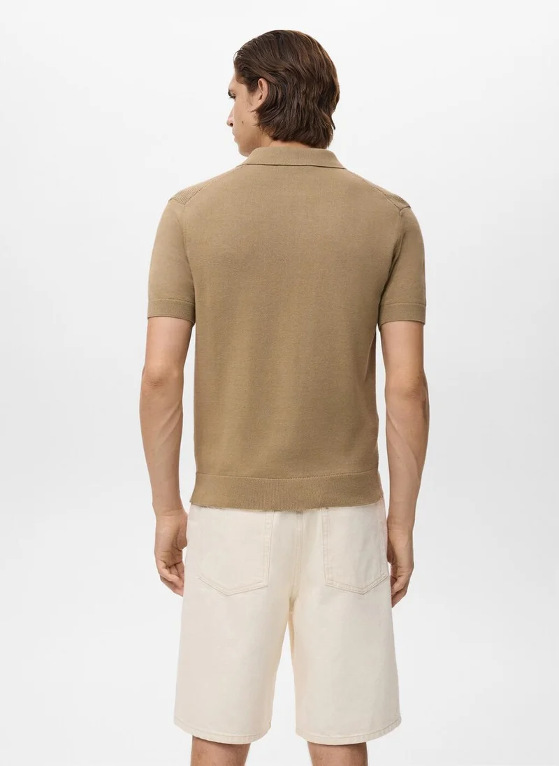 Mango Man Openwork knitted polo shirt with zip