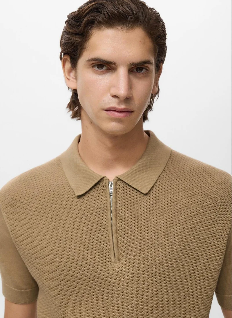 Mango Man  Openwork knitted polo shirt with zip for Men | Best Price UAE