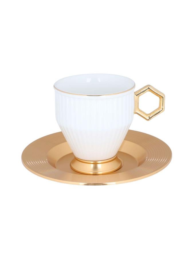 امبير طقم فناجين قهوة بورسلين بقاعدة ذهبية من العنبر 12 قطعة 90 مل طبق ذهبي أبيض - Image 2