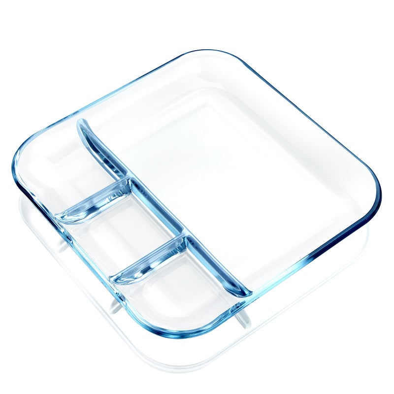 NUTRIUPS Glass Divided Plate with 4Compartment Divided Dinner 9 Inch Square Glass Plate 1 Pack
