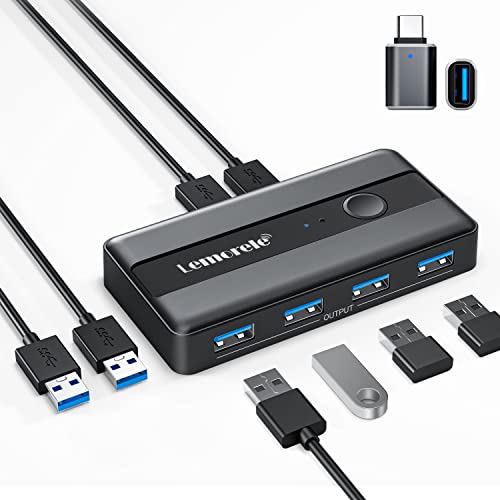 Lemorele USB 3.0 Sharing Switch, 2 Computers Share 4 USB Ports Peripheral Adapter for PC, Printer, Scanner, Mouse, Keyboard - One-Click Switch with 2 USB-A Cables Included - Image 1