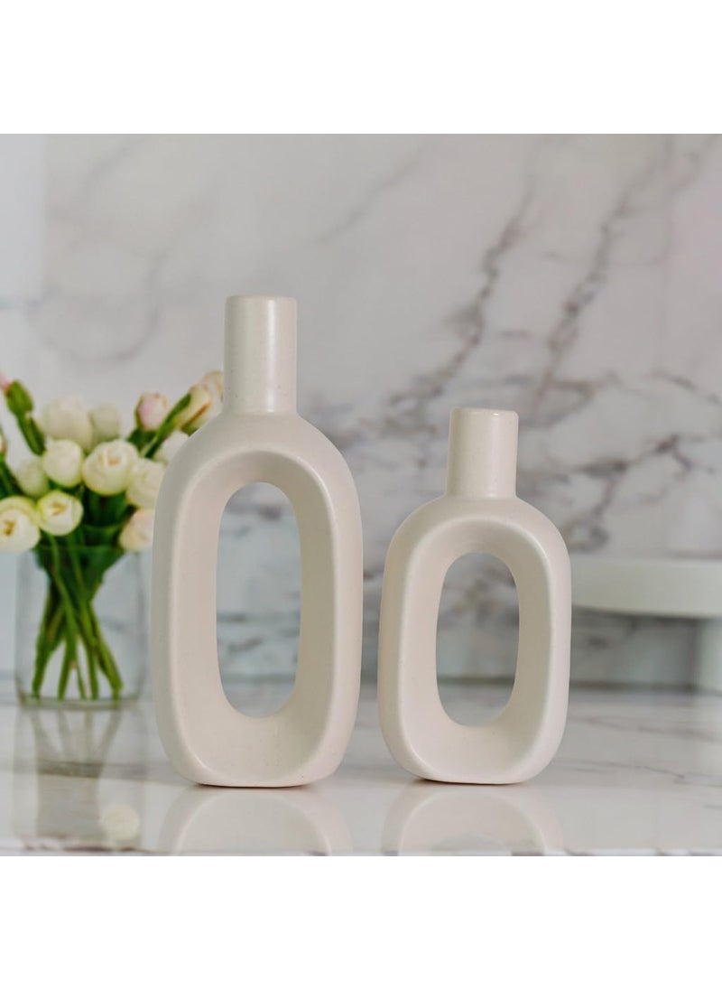 The Decor Lane - The Decor Lane Handcrafted Flower vase Home Decor | White Vase/Flower Vase/Pampas Grass Vase/Ceramic Vase/Home Decor Centrepiece/Decor Showpiece Vase 6 & 8 Inches (Pack of 2) (Bottle Set of 2) - Image 1