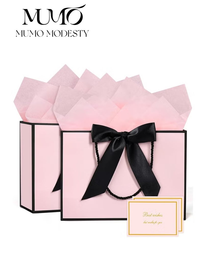 معجب قطعتان من أكياس الهدايا باللونين الأسود والوردي، حاملات هدايا من الورق السميك الصديق للبيئة مع شريط، بطاقات تهنئة، مناديل ورقية للنساء والفتيات، وصيفات العروس، أعياد الميلاد، حفلات الزفاف، المناسبات - Image 1