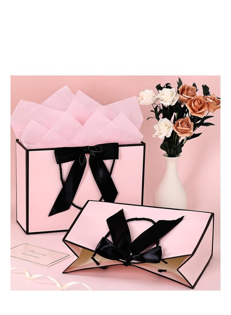 معجب قطعتان من أكياس الهدايا باللونين الأسود والوردي، حاملات هدايا من الورق السميك الصديق للبيئة مع شريط، بطاقات تهنئة، مناديل ورقية للنساء والفتيات، وصيفات العروس، أعياد الميلاد، حفلات الزفاف، المناسبات - Image 5