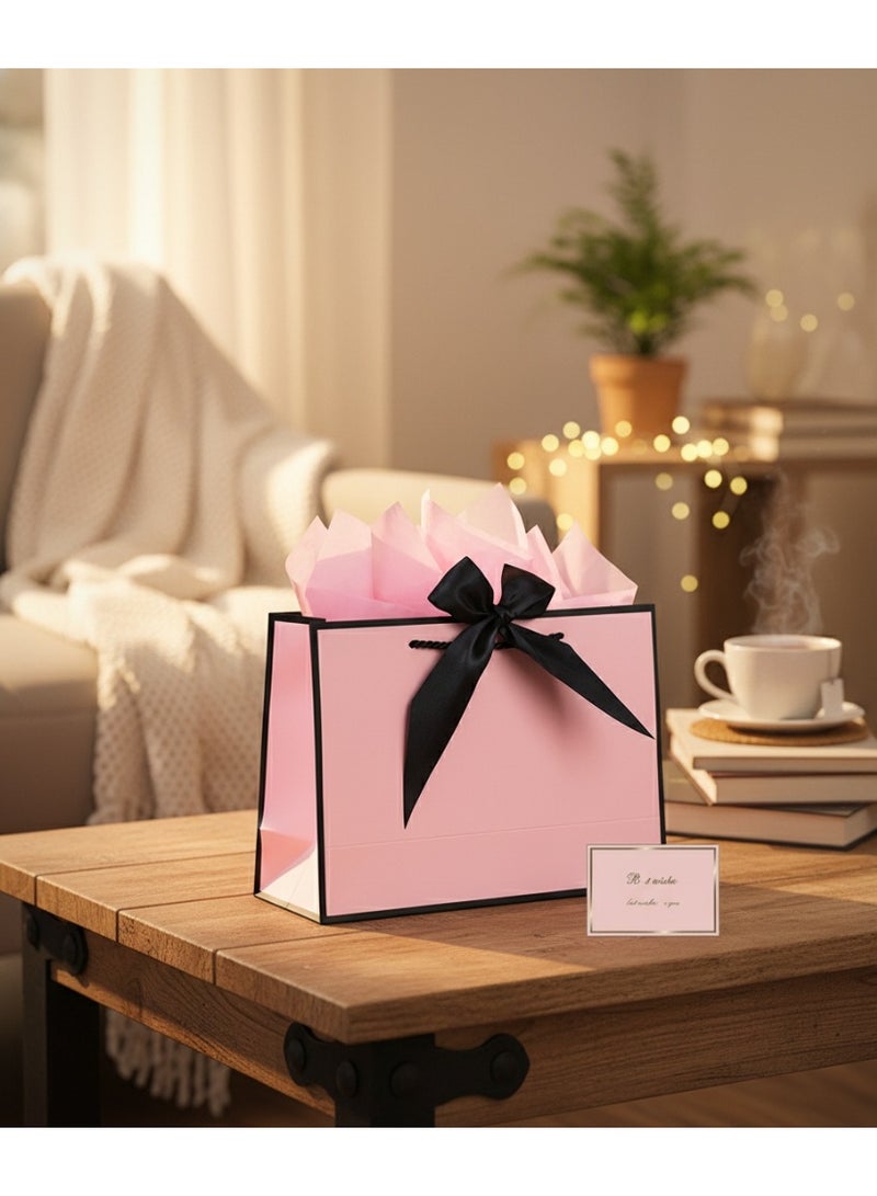 معجب قطعتان من أكياس الهدايا باللونين الأسود والوردي، حاملات هدايا من الورق السميك الصديق للبيئة مع شريط، بطاقات تهنئة، مناديل ورقية للنساء والفتيات، وصيفات العروس، أعياد الميلاد، حفلات الزفاف، المناسبات - Image 3
