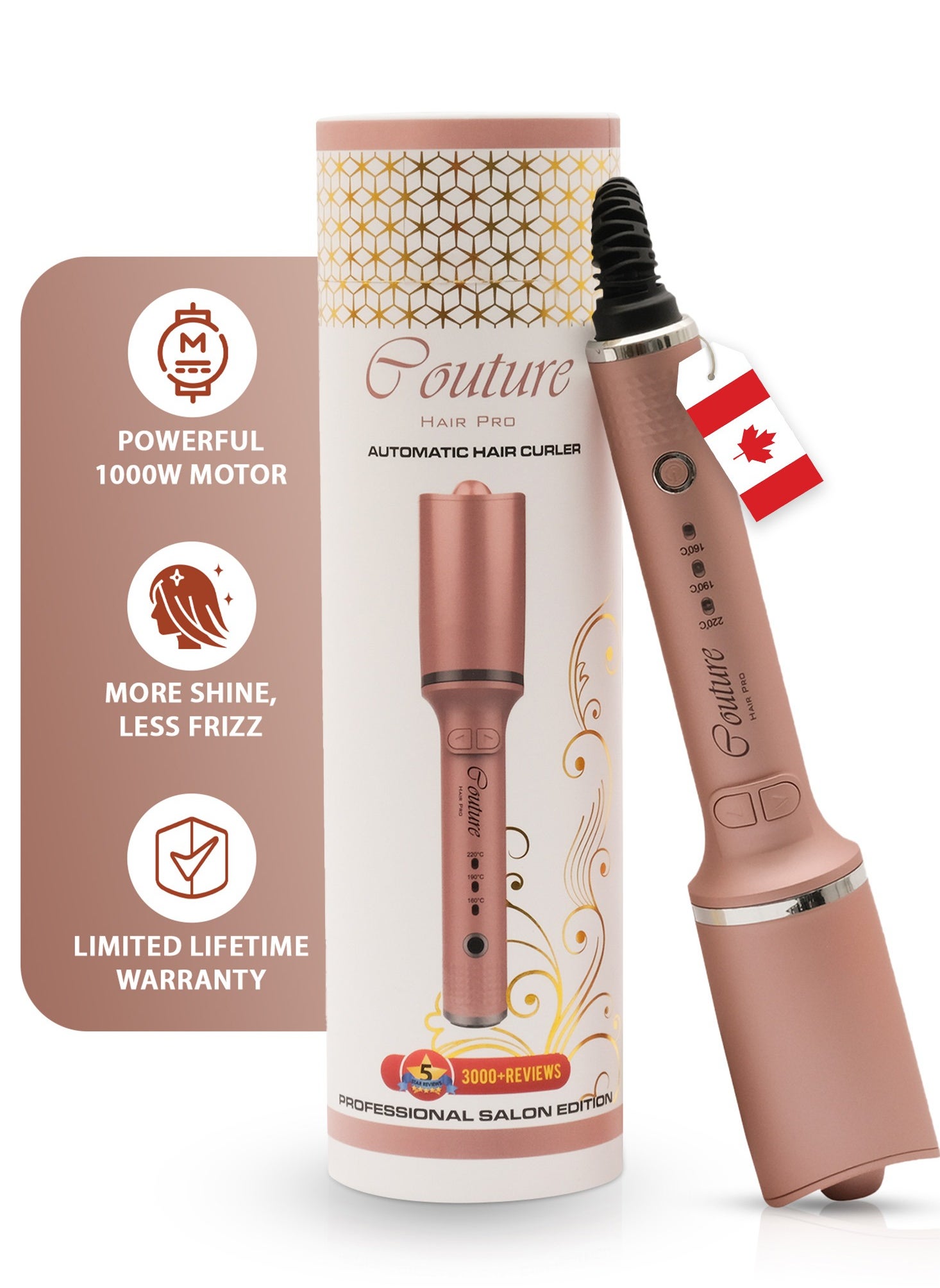 Couture Hair Pro Automatic Hair Curler - Curling Iron Rod - Premium Canadian Quality - Rosegold 