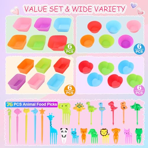 DOUDOULE 100PCS Silicone Lunch Box Dividers for Kids Lunch Accessories Set, Including 24 Reusable Silicone Cupcake Liners Baking Muffin Cups with 76 Animal Food Picks for Kids, Lunchbox Bento Box Accessories - Image 5