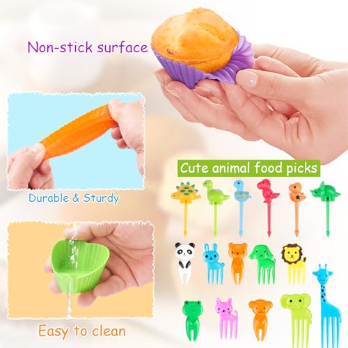 DOUDOULE 100PCS Silicone Lunch Box Dividers for Kids Lunch Accessories Set, Including 24 Reusable Silicone Cupcake Liners Baking Muffin Cups with 76 Animal Food Picks for Kids, Lunchbox Bento Box Accessories - Image 4