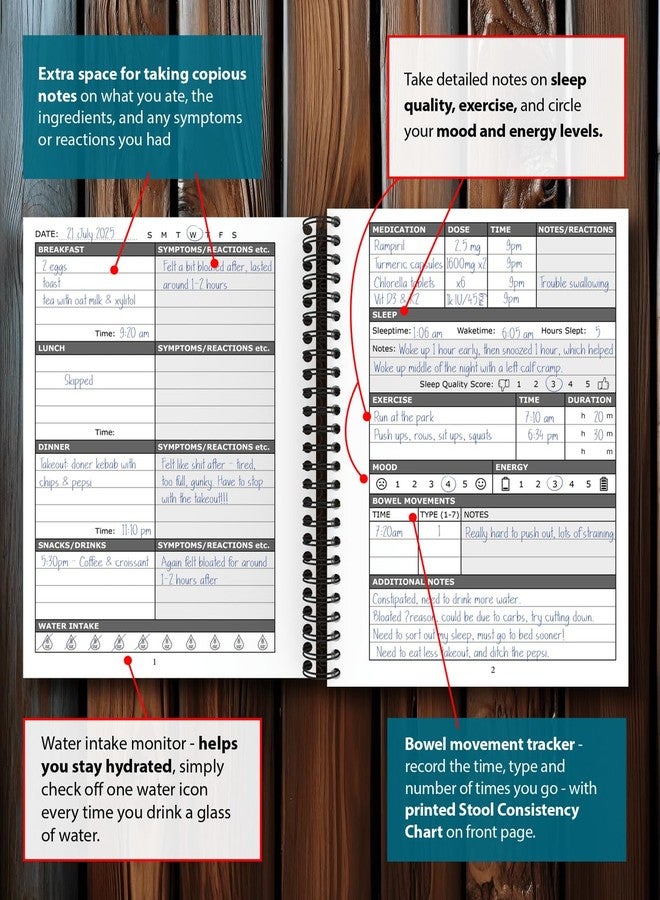 OptiLiving Publishing Food Diary and Symptom Log - Track How Your Diet Affects Your Symptoms | for IBS, Allergies, Intolerance, Crohn’s/IBD | A5 (5.8” x 8.3”) Spiral Bound - Image 2