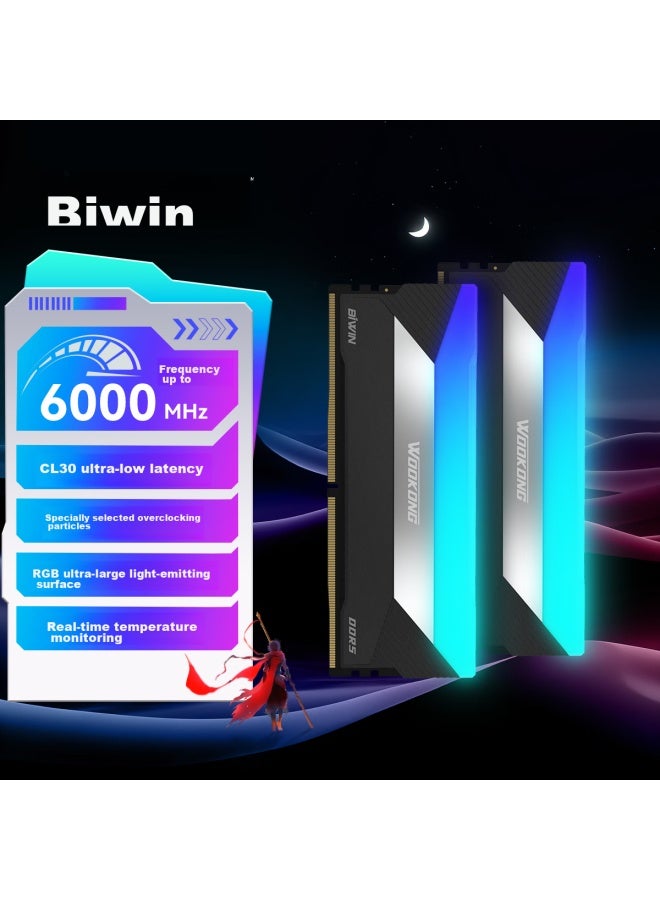Biwin 32gb Kit Ddr5 6000mhz Desktop Memory Module Wokong Dx100 Dazzling Rgb Light Bar Stone Black - Image 1