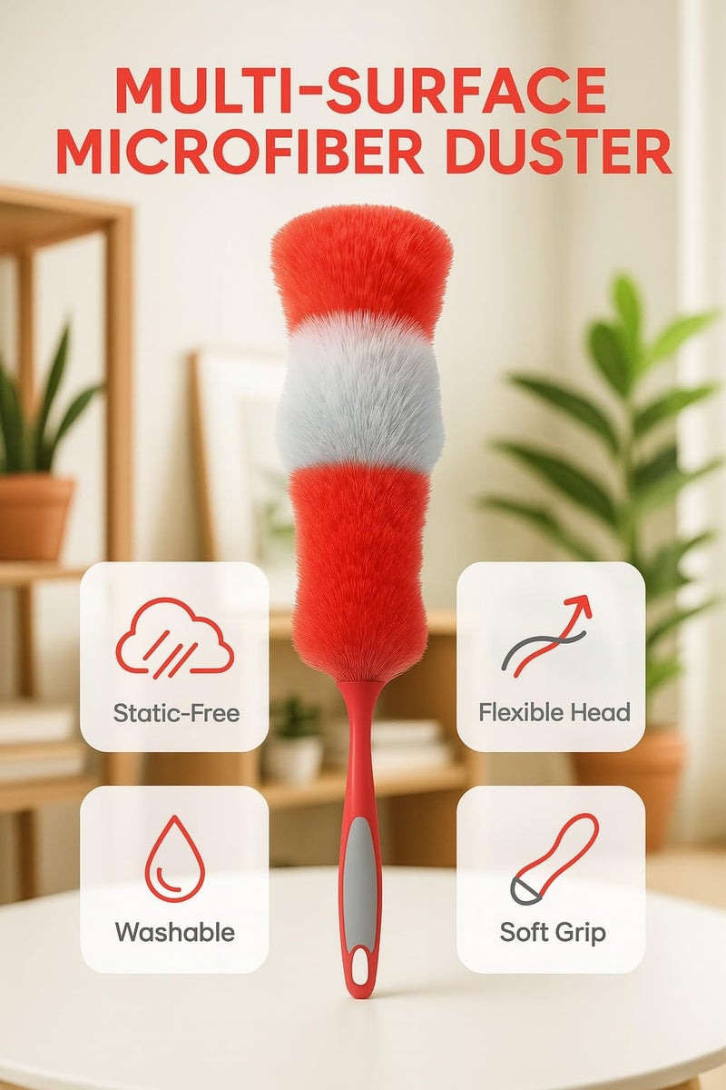 Duster Brush with Bendable Head - Car Duster Brush, Home Dust Cleaning for Furniture, Car and Office, Flexible & Washable, Reusable Soft Dust Remover (Red & Grey, E130017) - Image 2
