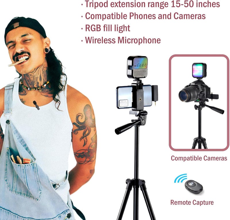Tiyyontek Vlogging Kit for iPhone,YouTube Starter Kit,Youtuber Kit Beginner Content Creator Essentials Kit for Android Phone,Vlogging Camera Kit with Extendable Tripod/Wireless Microphone/RGB Fill-in Light - Image 2
