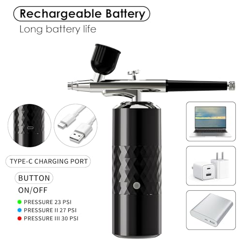 crpen Airbrush Kit Rechargeable Cordless Airbrush Compressor Portable Handheld Airbrush Air Brush for Model Painting,Nail Art,Cake decoration,Makeup, Barber (Black) - Image 4