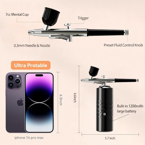 crpen Airbrush Kit Rechargeable Cordless Airbrush Compressor Portable Handheld Airbrush Air Brush for Model Painting,Nail Art,Cake decoration,Makeup, Barber (Black) - Image 3