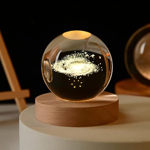 Rylan 3D Galaxy Crystal Ball Night Lamp,Creative Engraved Crystal Ball Night Light, USB Table LED Wooden Crystal Ball for Home Office Decoration Birthday Gift Adults (Galaxy)(Warm White) - Image 1