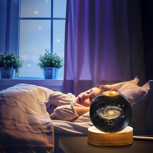 Rylan 3D Galaxy Crystal Ball Night Lamp,Creative Engraved Crystal Ball Night Light, USB Table LED Wooden Crystal Ball for Home Office Decoration Birthday Gift Adults (Galaxy)(Warm White) - Image 5