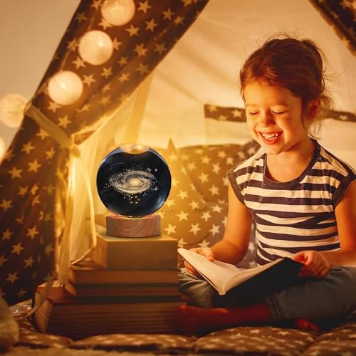 Rylan 3D Galaxy Crystal Ball Night Lamp,Creative Engraved Crystal Ball Night Light, USB Table LED Wooden Crystal Ball for Home Office Decoration Birthday Gift Adults (Galaxy)(Warm White) - Image 4