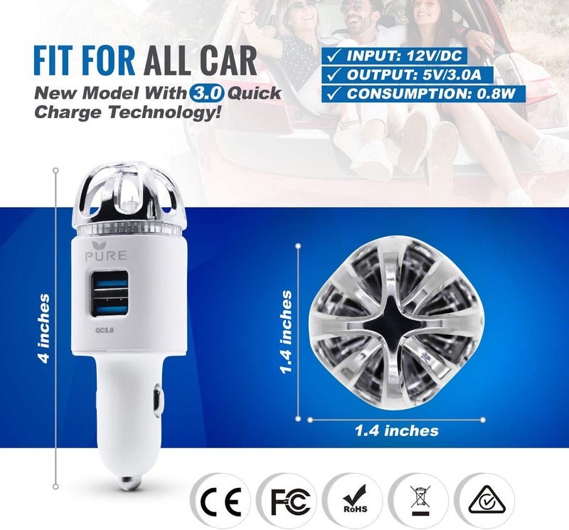 PURE منقي هواء السيارة 3 في 1 من الفولاذ المقاوم للصدأ مع فلتر HEPA ومؤين مع شحن سريع مزدوج USB 3.0 - يقضي على مسببات الحساسية والروائح والدخان والحيوانات الأليفة وحبوب اللقاح والعفن والبكتيريا مع مزيل الروائح المضاد للميكروبات (أبيض) - Image 3