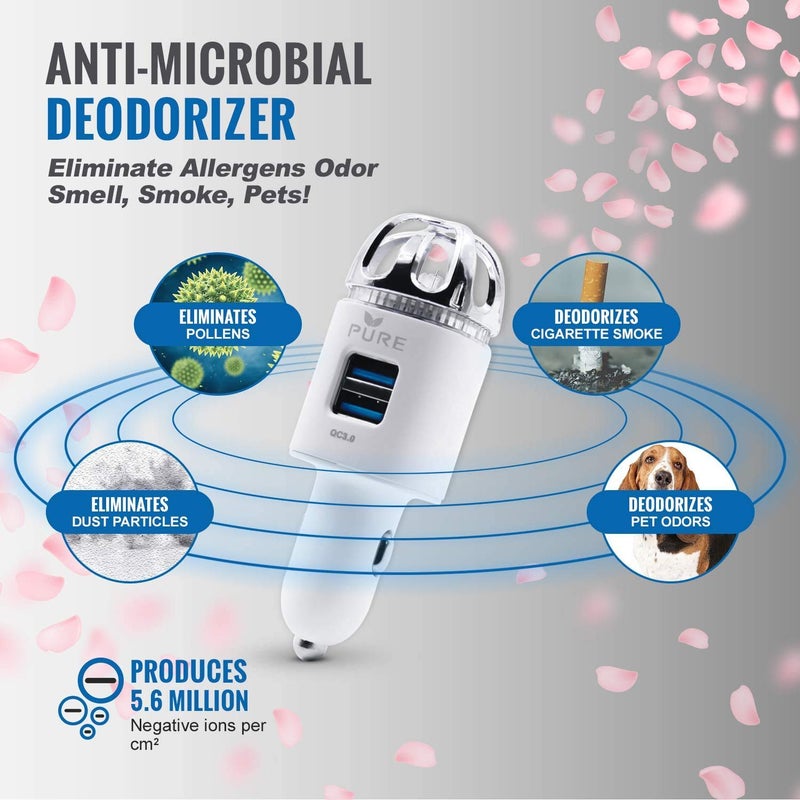 PURE منقي هواء السيارة 3 في 1 من الفولاذ المقاوم للصدأ مع فلتر HEPA ومؤين مع شحن سريع مزدوج USB 3.0 - يقضي على مسببات الحساسية والروائح والدخان والحيوانات الأليفة وحبوب اللقاح والعفن والبكتيريا مع مزيل الروائح المضاد للميكروبات (أبيض) - Image 2