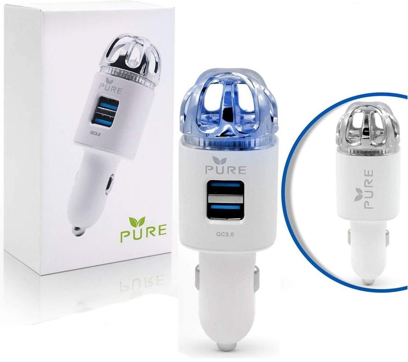 PURE منقي هواء السيارة 3 في 1 من الفولاذ المقاوم للصدأ مع فلتر HEPA ومؤين مع شحن سريع مزدوج USB 3.0 - يقضي على مسببات الحساسية والروائح والدخان والحيوانات الأليفة وحبوب اللقاح والعفن والبكتيريا مع مزيل الروائح المضاد للميكروبات (أبيض) - Image 1