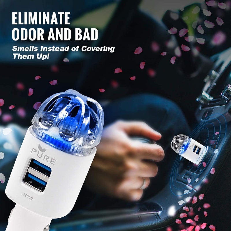 PURE منقي هواء السيارة 3 في 1 من الفولاذ المقاوم للصدأ مع فلتر HEPA ومؤين مع شحن سريع مزدوج USB 3.0 - يقضي على مسببات الحساسية والروائح والدخان والحيوانات الأليفة وحبوب اللقاح والعفن والبكتيريا مع مزيل الروائح المضاد للميكروبات (أبيض) - Image 4