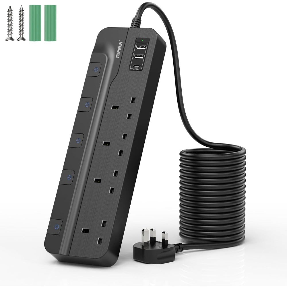 4-Plug Extension Lead with Ultra-Wide Socket Individual Switches 2 USB-A + 1 USB-C Ports 10m Cable Wall-Mountable Design