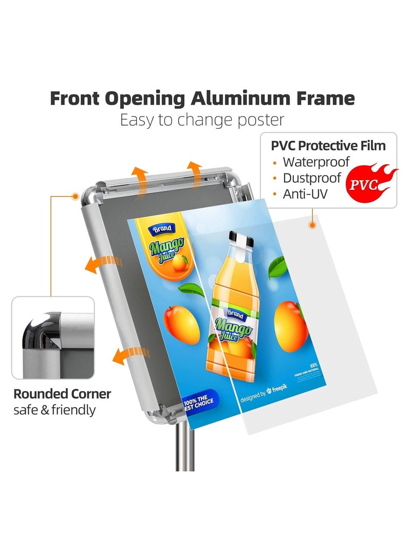 SYOSI A4 Sign Stand Adjustable Poster Aluminum Snap Frame Menu Replaceable Advertising Rack Floor Display Stands with Safety Corner and Stable Round Base (Silver, A4) - Image 3