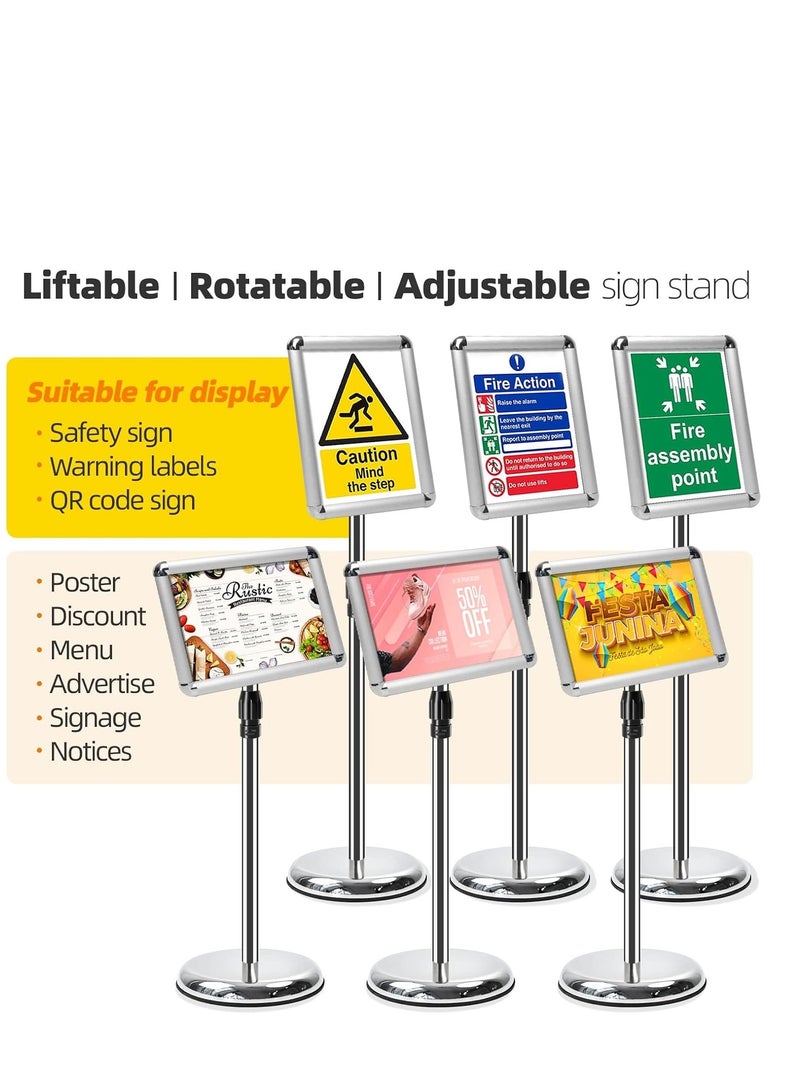 SYOSI A4 Sign Stand Adjustable Poster Aluminum Snap Frame Menu Replaceable Advertising Rack Floor Display Stands with Safety Corner and Stable Round Base (Silver, A4) - Image 2