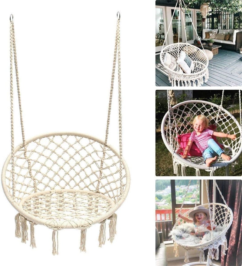 Harmony Home كرسي هارموني هوم المعلق من المكرميه – كرسي مصنوع يدويًا من حبل القطن للاسترخاء في الداخل والخارج، تصميم محبوك للباحة، الفناء والشرفة (بيج) - Image 1