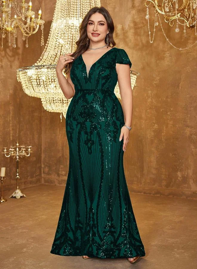 Unithorse  Dark Green Sequin V-Neck Plus Size Gown for Women | Best Price UAE