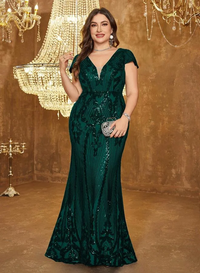 Unithorse  Dark Green Sequin V-Neck Plus Size Gown for Women | Best Price UAE
