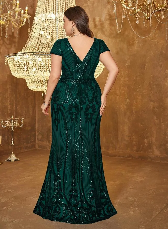 Unithorse  Dark Green Sequin V-Neck Plus Size Gown for Women | Best Price UAE