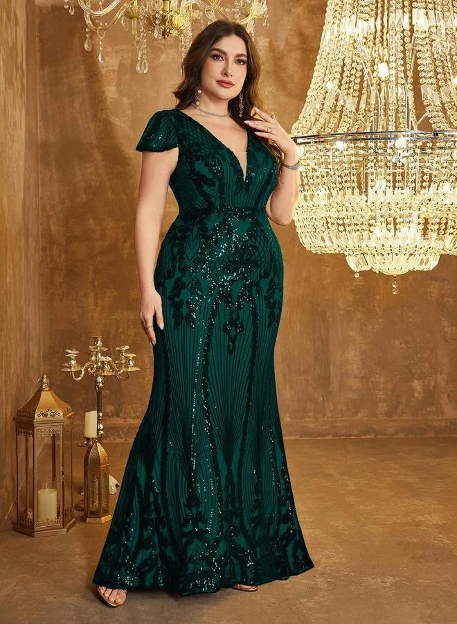 Dark Green Sequin V-Neck Plus Size Gown