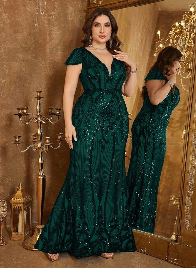 Unithorse  Dark Green Sequin V-Neck Plus Size Gown for Women | Best Price UAE