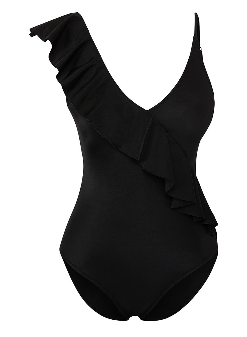 trendyol Black Flounce V-Neck Covered Regular Swimsuit Tbess25Ma00029 - Image 5