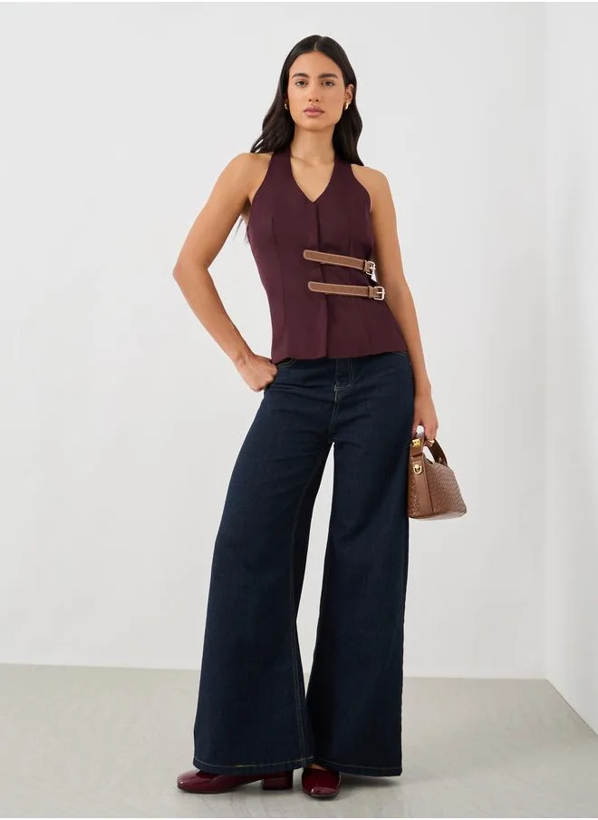 ستايلي Styli V Neck Waistcoat with Faux Leather Double Belting Detail