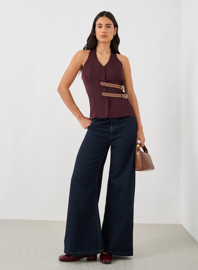 Styli V Neck Waistcoat with Faux Leather Double Belting Detail - Image 2