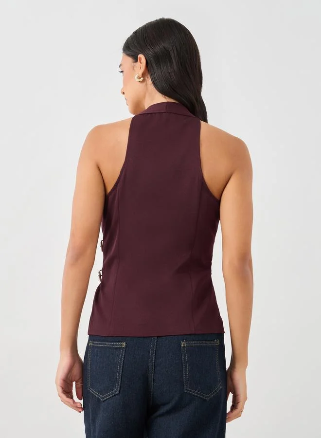 Styli Styli V Neck Waistcoat with Faux Leather Double Belting Detail