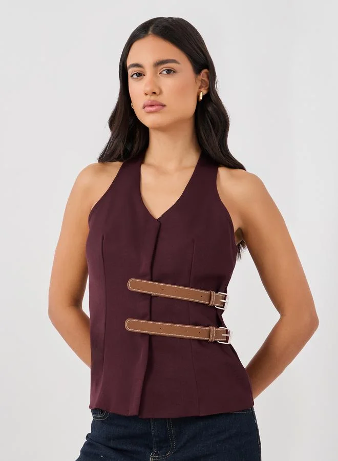 Styli V Neck Waistcoat With Faux Leather Double Belting Detail