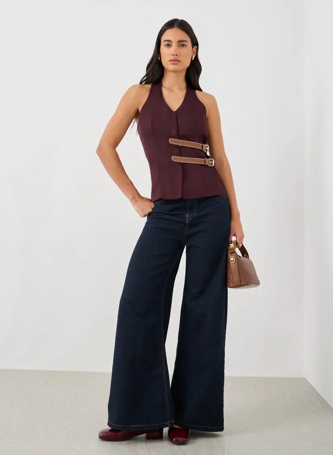 Styli V Neck Waistcoat With Faux Leather Double Belting Detail
