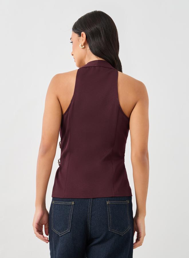 Styli V Neck Waistcoat With Faux Leather Double Belting Detail - Image 4