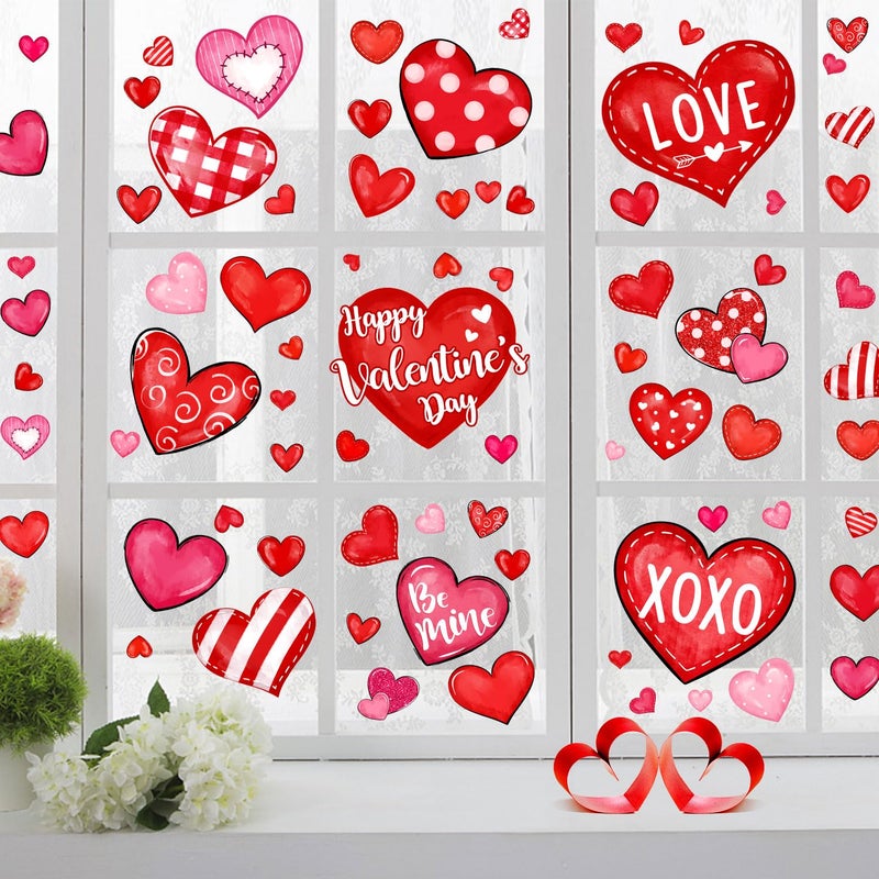 Sionoiur Valentine's Day Window Clings Love Hearts, 76 Pcs Pink Red Heart Large Window Stickers, Happy Valentines Watercolor Double-Sided Glass Decals Decor for Wedding Anniversary Home Party Decorations - Image 1