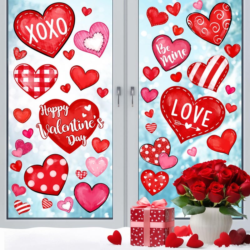 Sionoiur Valentine's Day Window Clings Love Hearts, 76 Pcs Pink Red Heart Large Window Stickers, Happy Valentines Watercolor Double-Sided Glass Decals Decor for Wedding Anniversary Home Party Decorations - Image 3