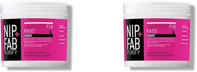 NIP+FAB وسادات نيب فاب لعلاج حب الشباب الليلية للوجه مع حمض الهيالورونيك وسادات تقشير الوجه BHA لترطيب البشرة وعلاج حب الشباب والبقع 60 وسادة 80 مل - Image 1