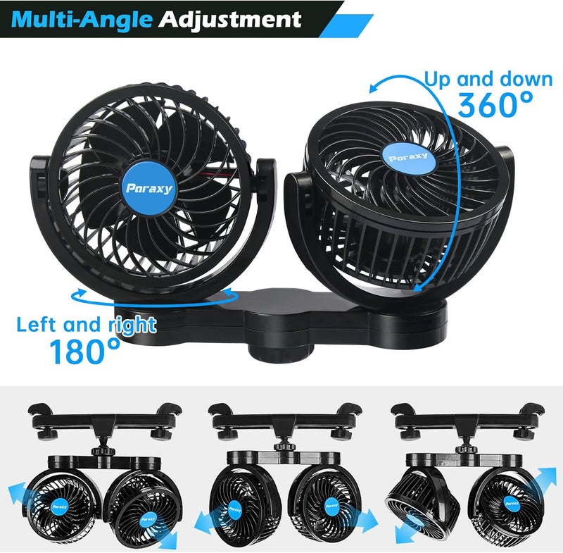 Poraxy Car Fan, 12V Cooling Fans for Backseat for Kids, Headrest 360 Degree Rotatable Dual Head Back Seat Fan Stepless Speed Vehicles Rear Seat Air Fan for Sedan SUV RV - Image 2