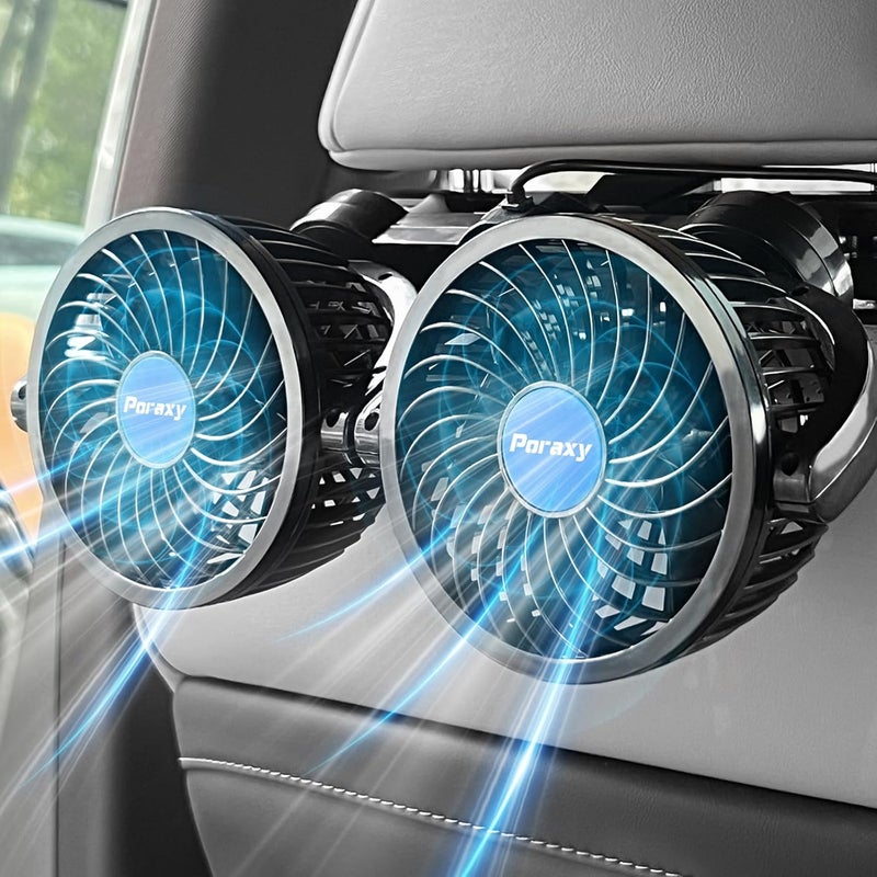 Poraxy Car Fan, 12V Cooling Fans for Backseat for Kids, Headrest 360 Degree Rotatable Dual Head Back Seat Fan Stepless Speed Vehicles Rear Seat Air Fan for Sedan SUV RV - Image 1