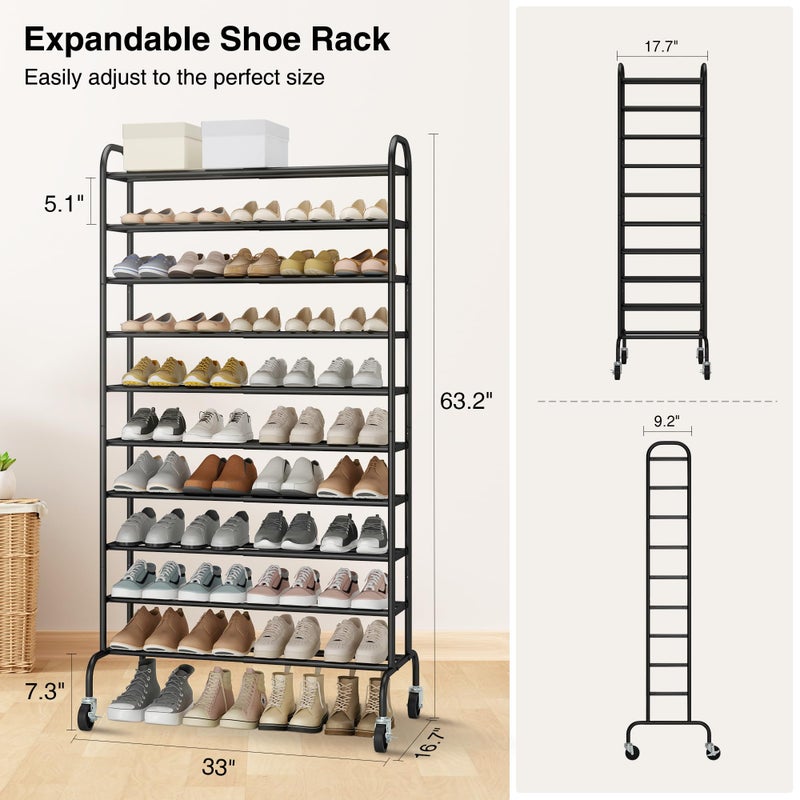 STO STO Expandable Shoe Rack, 10-Tier Metal Tall Shoe Rack for Garage, Up to 44 Pairs Adjustable Shoe Rack Storage for Front Door Entrance, Free Standing Shoe Rack Organizer for Entryway, Black - Image 4